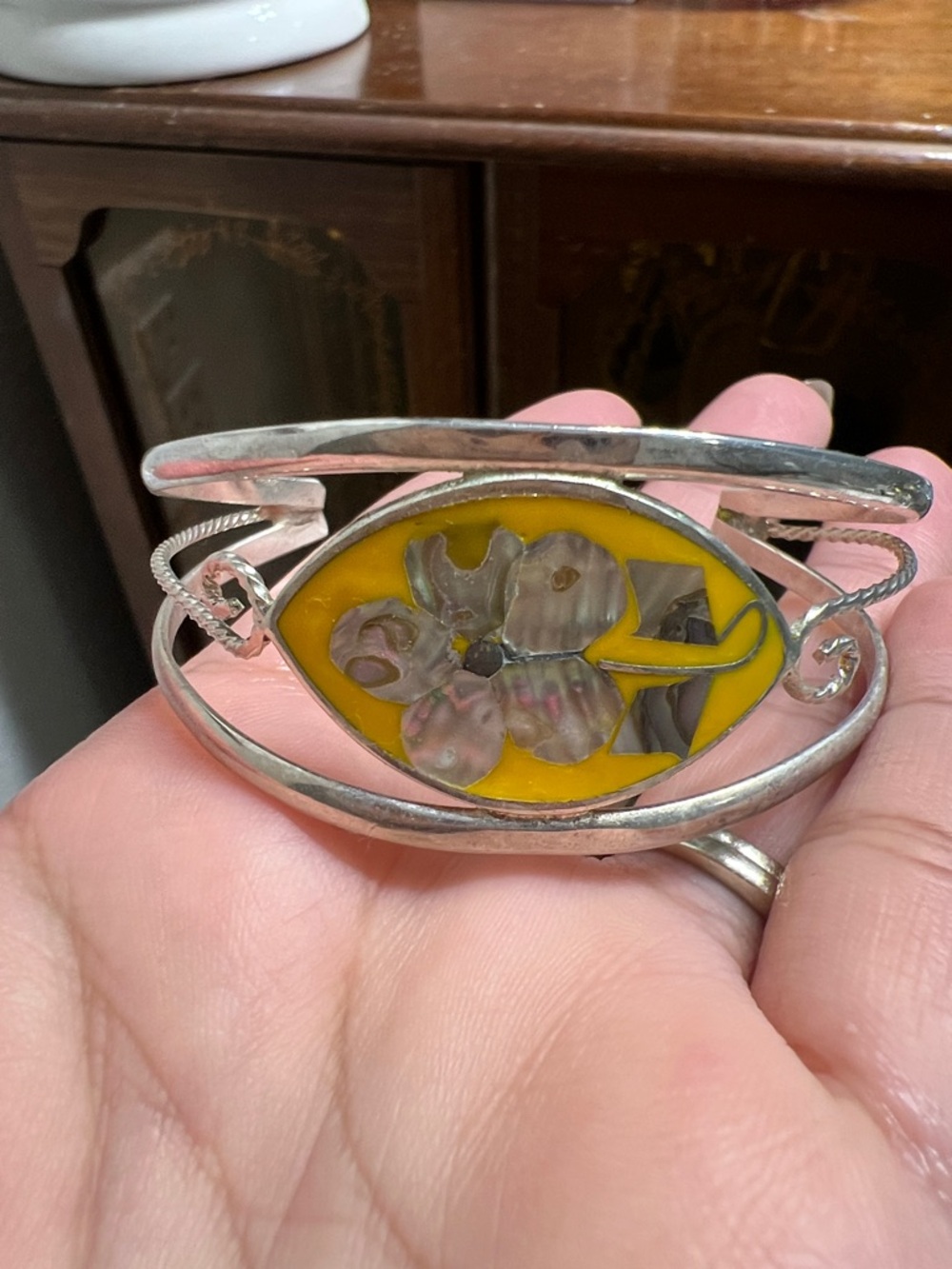 Mexican Silver Yellow Enamel Flower Cuff Bracelet